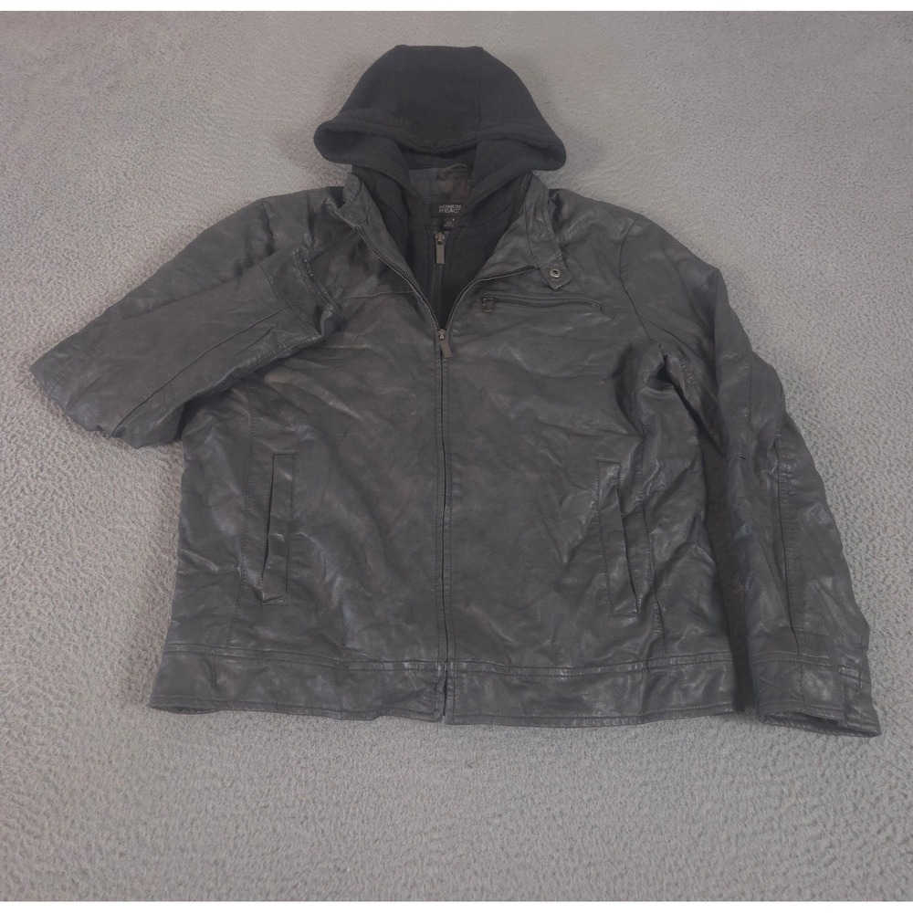 Kenneth Cole Jacket Mens M Gray Faux Leather Hooded Moto Double Zipper Reaction